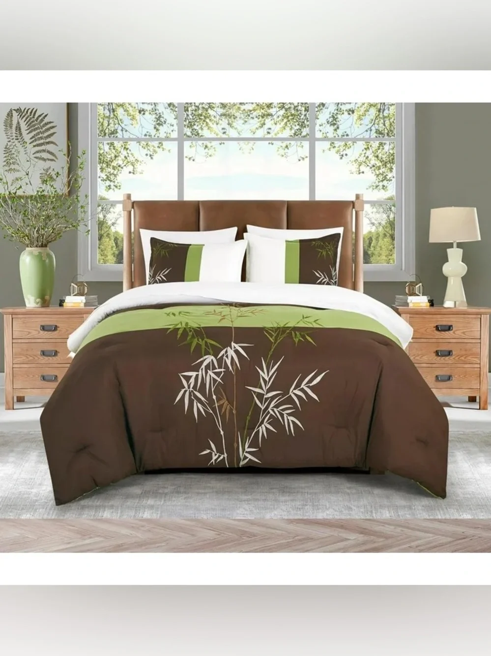 Green and Brown Bamboo 3 piece Comforter Set -Queen